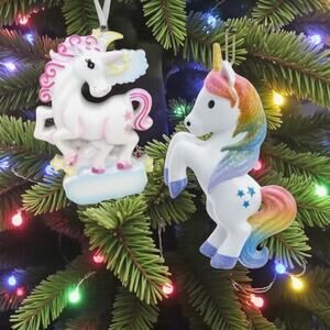 Unicorn Christmas Tree Ornaments SET/2 - Rainbow Colors Gifts NEW